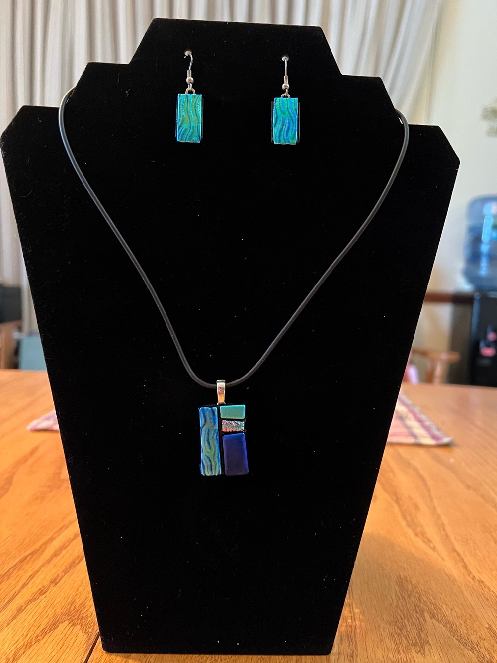 Blue & Teal Rectangular Glass Pendant Necklace and Earring Set